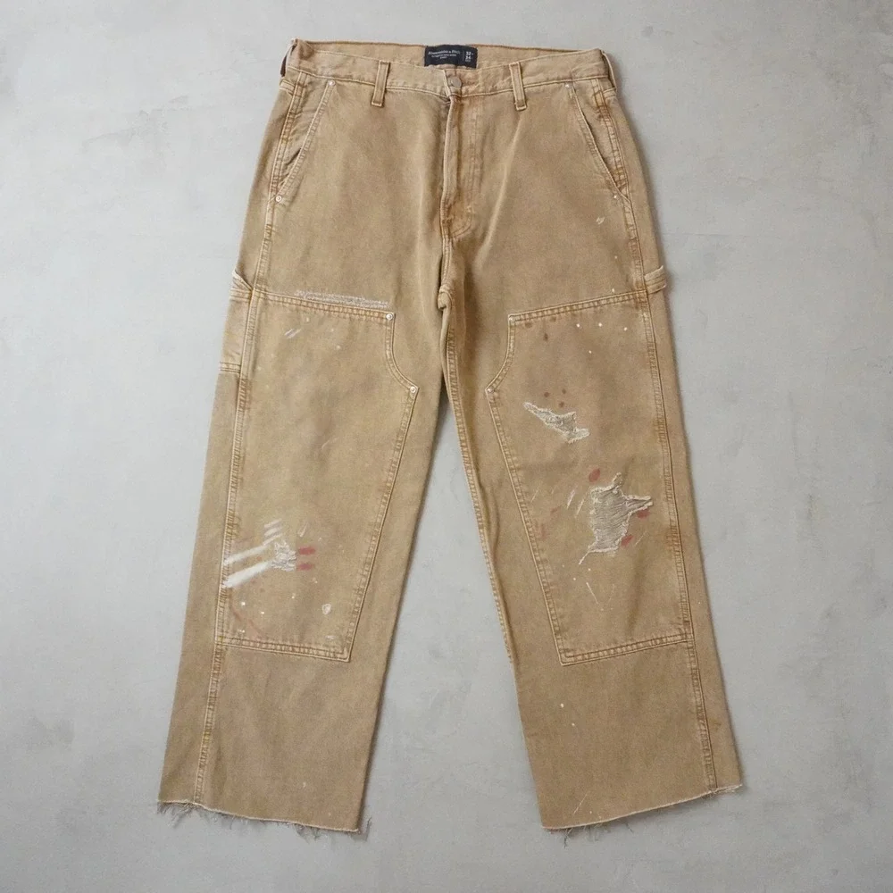 Abercrombie & Fitch Baggy Carpenter Pants 32x34 Mens Tan Rigid Double Knee Work